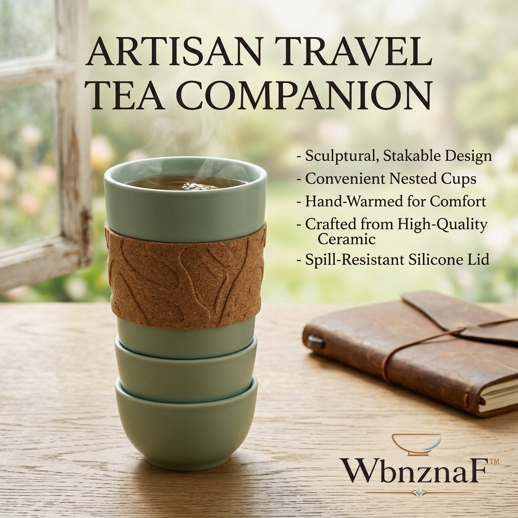 *WbnznaF™ Artisan Travel Tea Companion – Stackable Ceramic Tea Cup Set with Silicone Lid*