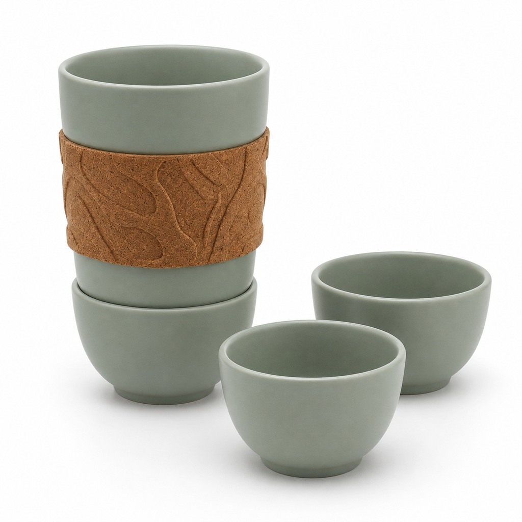 *WbnznaF™ Artisan Travel Tea Companion – Stackable Ceramic Tea Cup Set with Silicone Lid*
