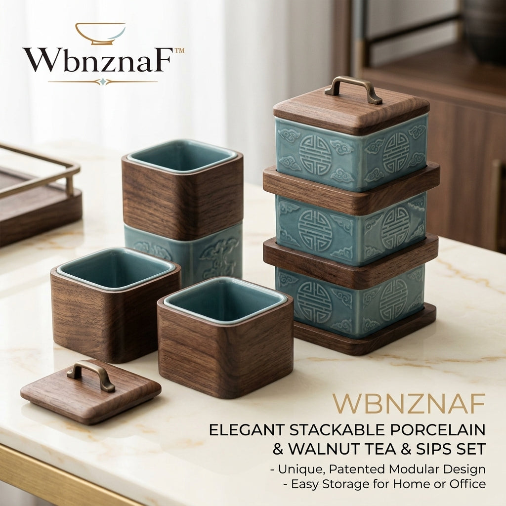 *WbnznaF™ Stackable Porcelain & Walnut Tea Cup Set*