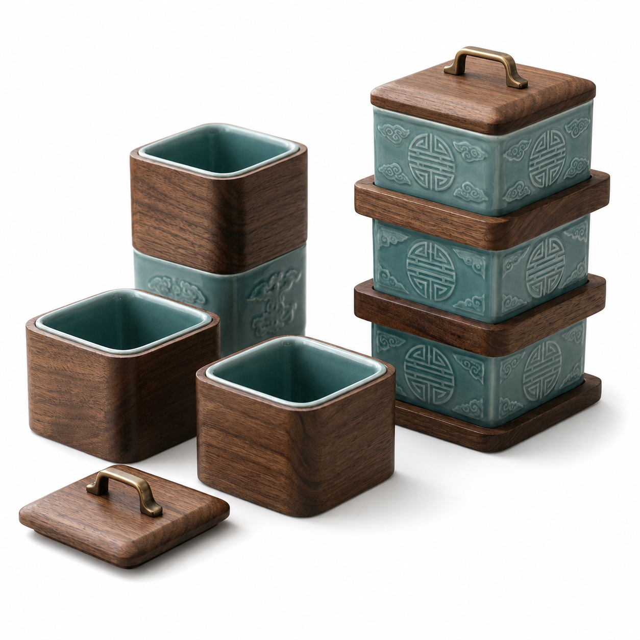 *WbnznaF™ Stackable Porcelain & Walnut Tea Cup Set*
