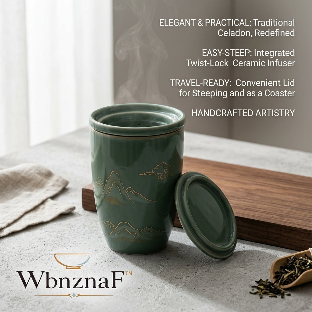 WbnznaF™ Celadon Ceramic Tea Infuser Mug with Twist-Lock Infuser & Lid