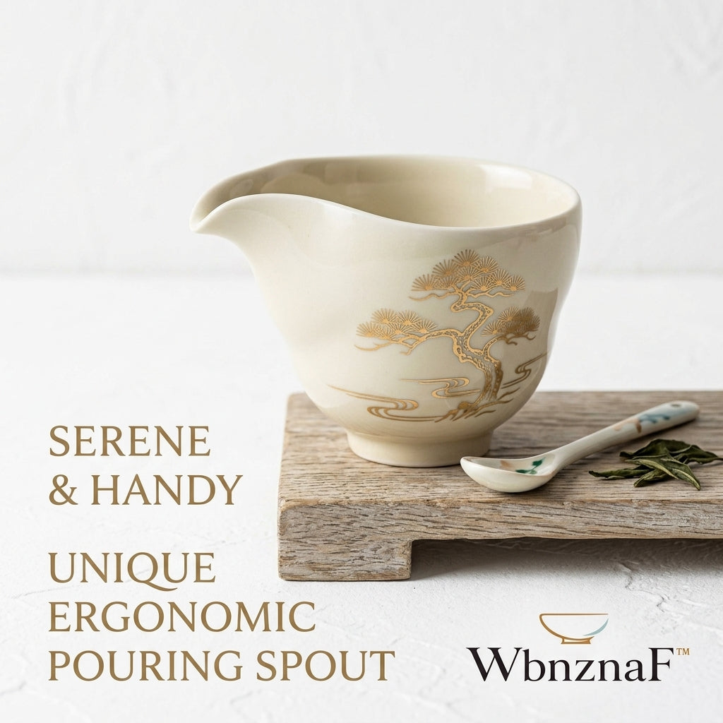 WbnznaF™ Ceramic Tea Pitcher with Ergonomic Pouring Spout – Cream Glaze Tea Fairness Cup with Pine Tree Design