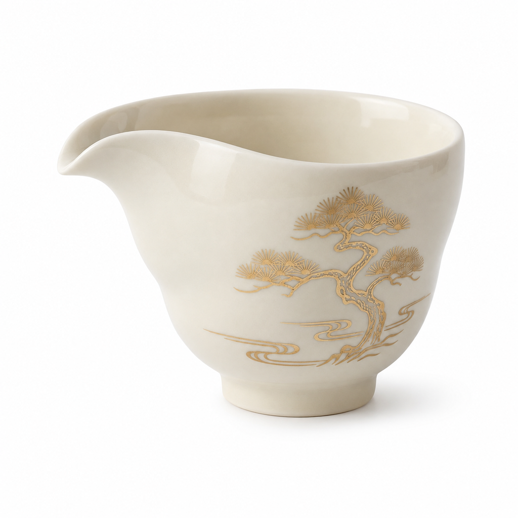 WbnznaF™ Ceramic Tea Pitcher with Ergonomic Pouring Spout – Cream Glaze Tea Fairness Cup with Pine Tree Design