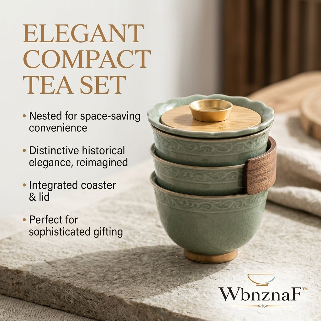 WbnznaF™ Elegant Compact Tea Set – Nested Ceramic Tea Cups with Lid & Coaster*