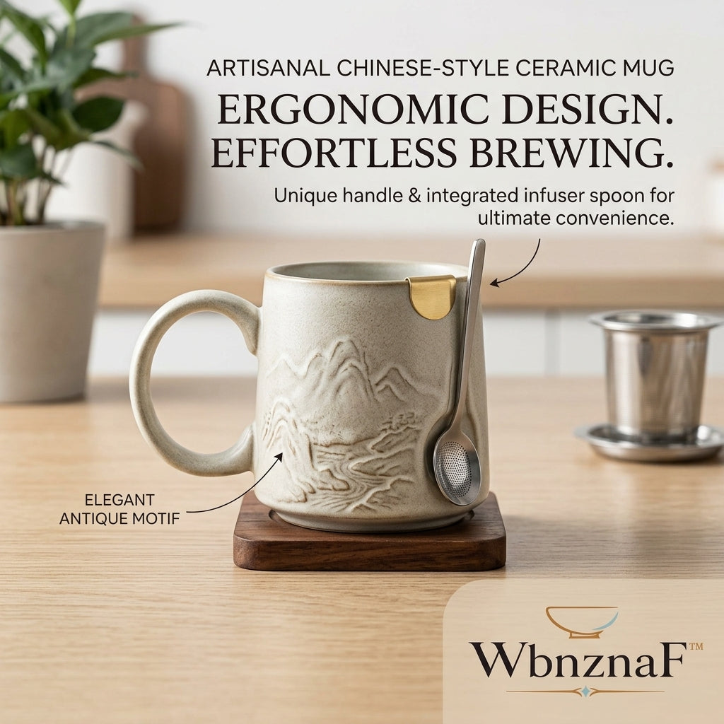 WbnznaF™ Chinese-Style Ceramic Tea Mug with Integrated Infuser Spoon